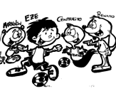 Dibujo de Markolin, Eze, Centralito i Renato jugant a futbol