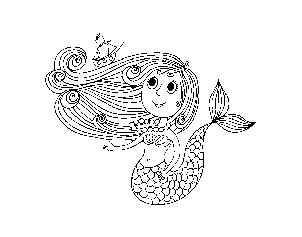 Dibuix de Sirena amb un barquet per Pintar on-line