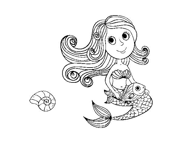 Dibuix de Sirena i el seu peix per Pintar on-line