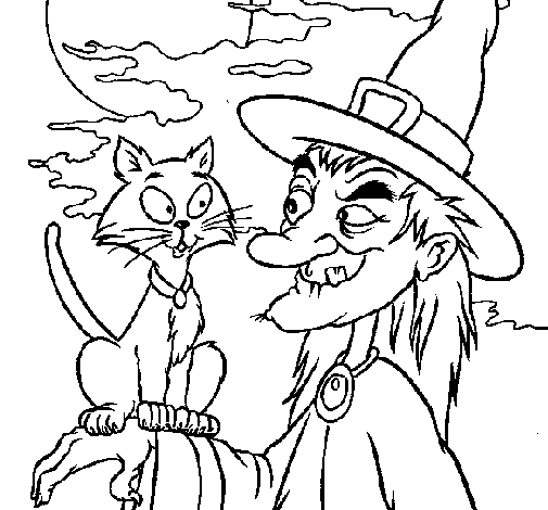 Dibuix de Bruixa y gat per Pintar on-line