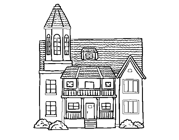 Dibuix de Casa de dos pisos amb torre per Pintar on-line