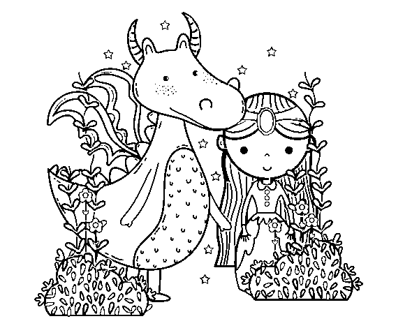 Dibuix de Drac i princesa per Pintar on-line