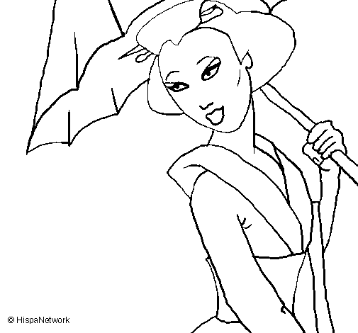 Dibuix de Geisha amb paraigua per Pintar on-line