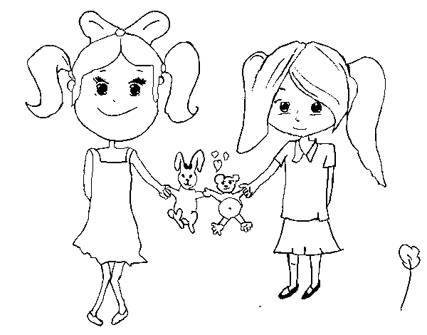 Dibuix de Nenes amb peluixos per Pintar on-line