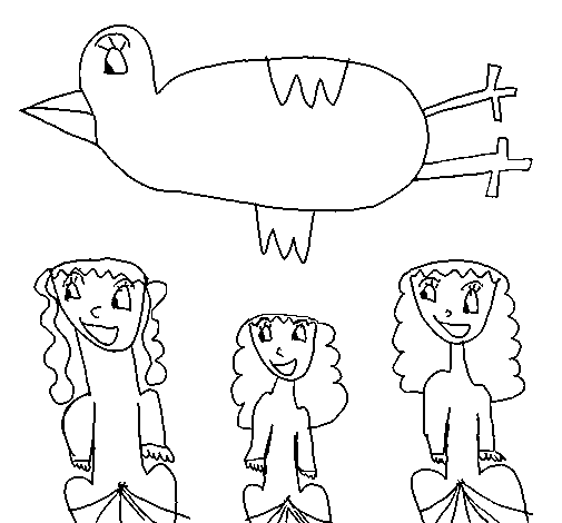 Dibuix de Ocell sobrevolant a unes nenes per Pintar on-line