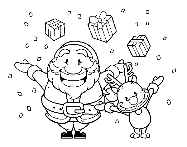 Dibuix de Santa i ren amb regals per Pintar on-line